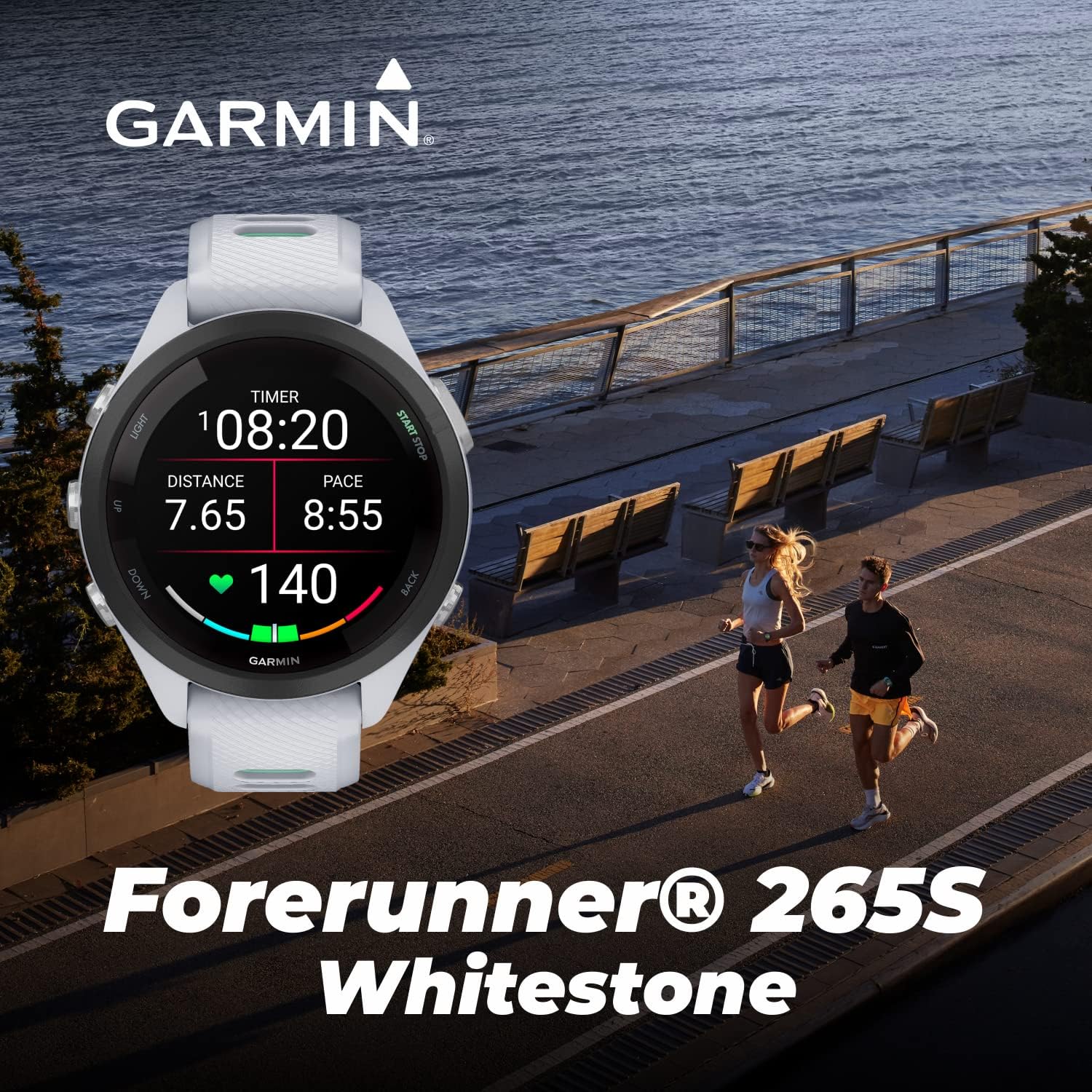 Garmin Forerunner 265S Music GPS Running 42 mm Smartwatch, Whitestone with AMOLED 1.1in Touchscreen Display White Earbuds Bundle, White +Wht EarBuds