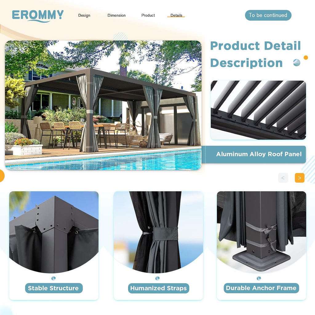 EROMMY Louvered Pergola 10x20, Outdoor Aluminum Pergola with Adjustable Rainproof Roof for Garden, Patio, Deck, Waterproof Curtains and Netting Included, Gray-Black
