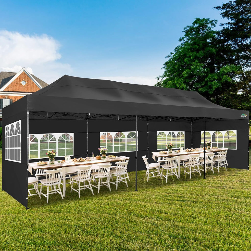 COBIZI 10x30 Heavy Duty Pop up Canopy with 8 sidewalls Party Tent for Parties Weddings Events UPF 50+ Waterproof Commercial Gazebo with Roller Bag, Black(Frame Thickened)