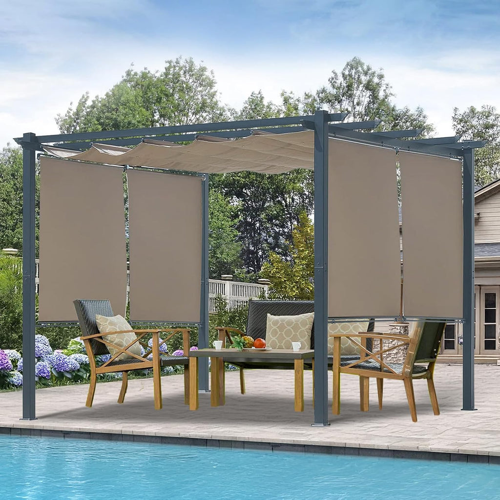 10 x 10 Ft Outdoor Aluminum Pergola, Retractable Canopy & 2 Sides Shades for Patio Backyard Garden Deck
