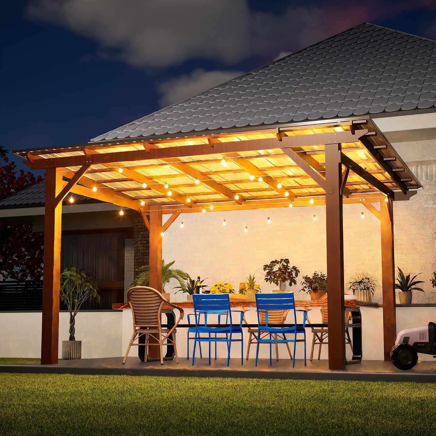 YOPTO 13.1x7.7 FT Gazebo,Outdoor Pergola W/Metal Roof,Lean to Gazebo W/UV-Resistant & Water Resistant,Wall-Mounted Heavy Duty Fir Wood Pergola W/Protective Corners,for Backyard Patio Garden,Brown