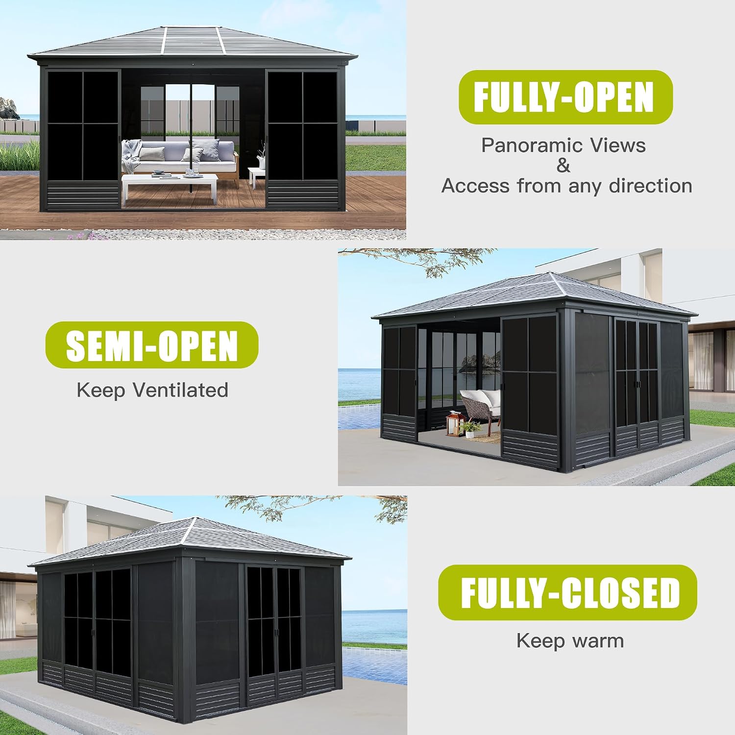 Domi 12x15FT Sunroom Gazebo with 4 Sliding Doors on All Sides, Aluminum Patio Solarium Sunroom Kit All Season, Freestanding Enclosed Gazebo with Galvanized Steel Roof and Movable PVC Windows