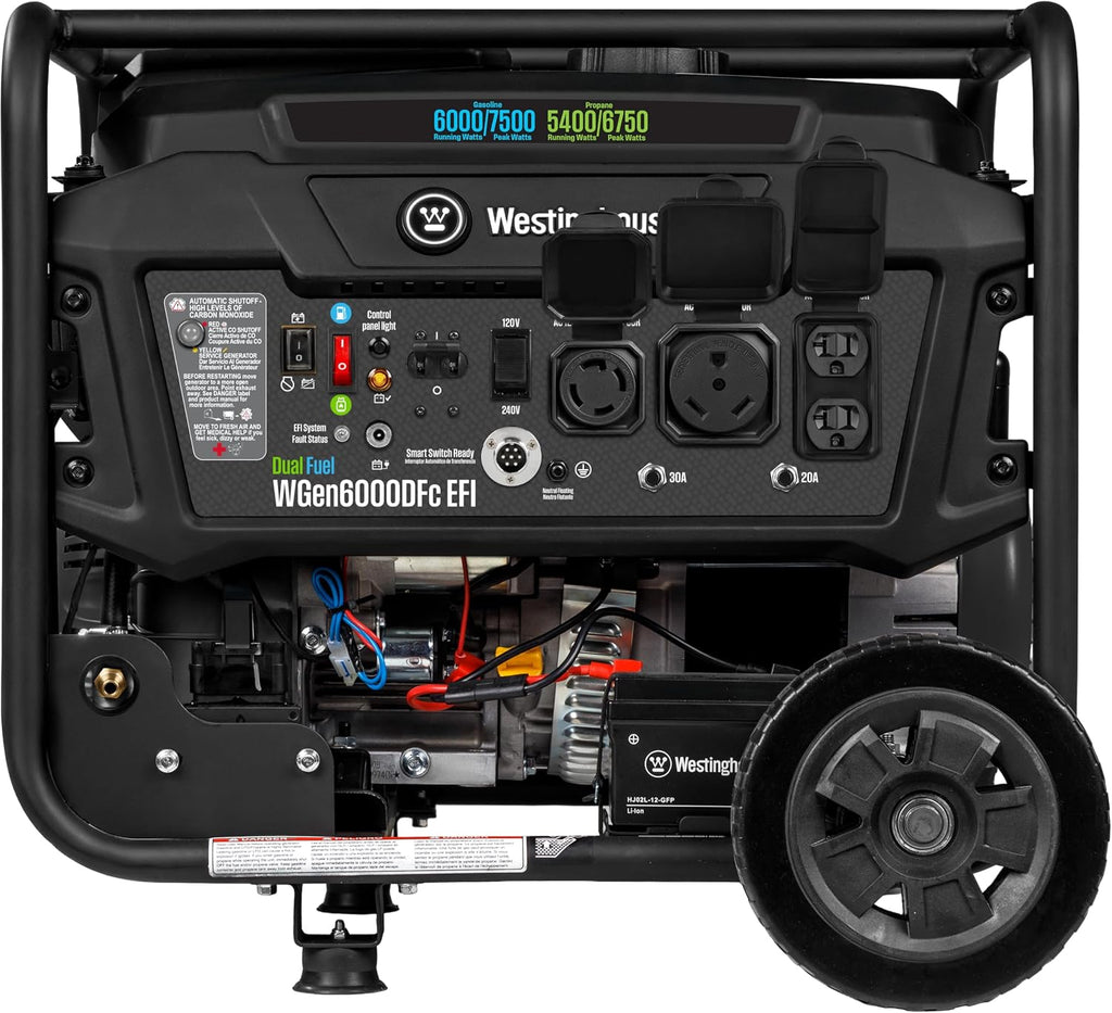 Westinghouse 7500 Peak Watt EFI Dual Fuel Home Backup Portable Generator, Remote Electric Start, Transfer Switch Ready, Gas and Propane Powered, CO Sensor, CARB Compliant