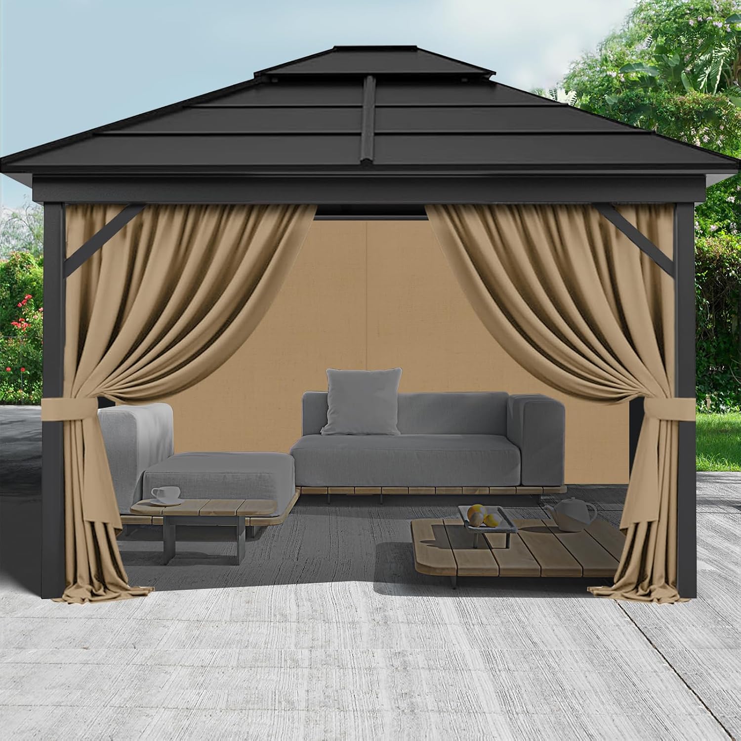 Gazebo Privacy Curtains 12' x 14' with Zipper 4-Panels Side Wall Universal Replacement for Patio, Outdoor Canopy, Garden and Backyard (Curtain Only)
