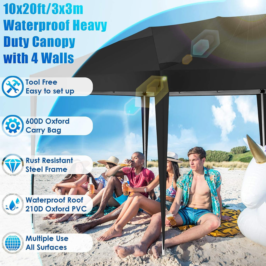 COBIZI 10x19ft Pop Up Canopy, Fully Waterproof Canopy Tent, 10x20 Canopy with Sidewalls, Black