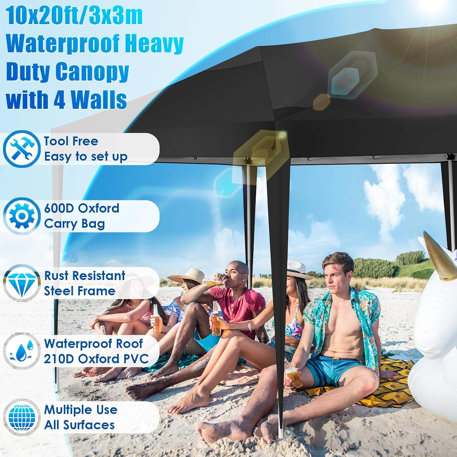 COBIZI 10x19ft Pop Up Canopy, Fully Waterproof Canopy Tent, 10x20 Canopy with Sidewalls, Black