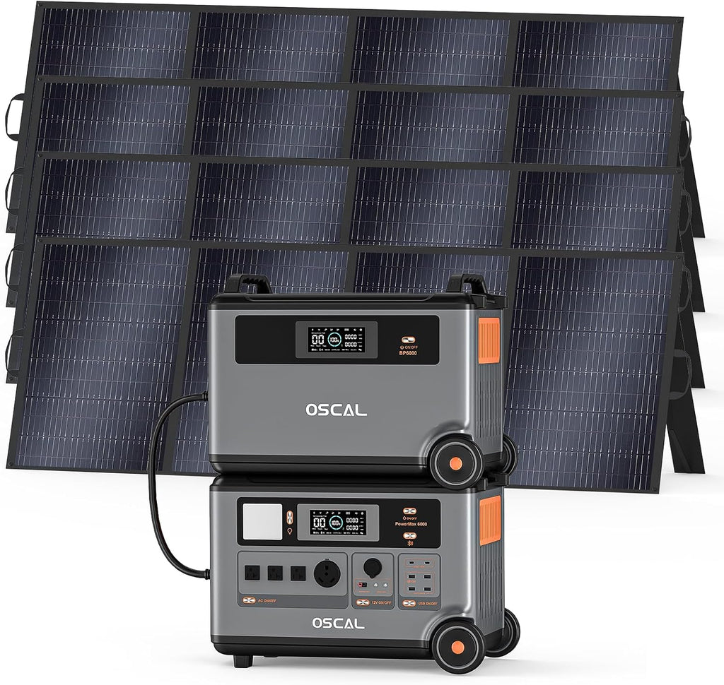 OSCAL 7200Wh Solar Generator PowerMax 6000 with 4x400W Solar Panel, 120/240V Portable Power Station, Max 6000W AC Outlets (9000W Peak), LiFePO4 Battery Power Station for Home, Camping, RV, Emergency
