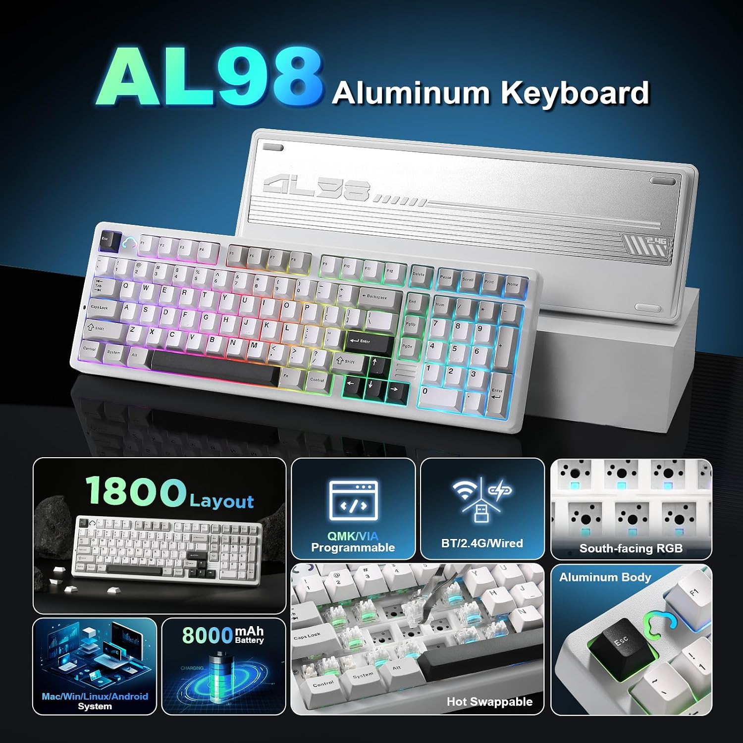 YUNZII AL98 QMK/VIA Wireless Mechanical Gaming Keyboard,Full Aluminum,BT/2.4G/USB-C, Pre-Lubed Hot Swappable Gasket Mount 1800 Layout,RGB Backlit for Win/Mac (White, Cocoa Cream V2 Switch)