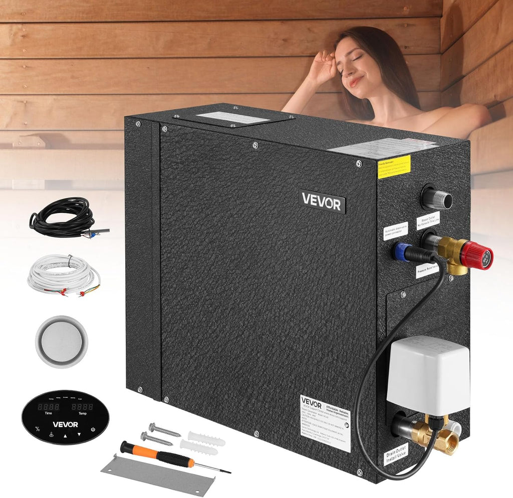 VEVOR Steam Generator, 4 kW Steam Shower System with Controller for Home Sauna & Spa, Commercial Auto Drain Kit with Overheat, Dry-Run & Overpressure Protection, 10min to 24h Timer, Black
