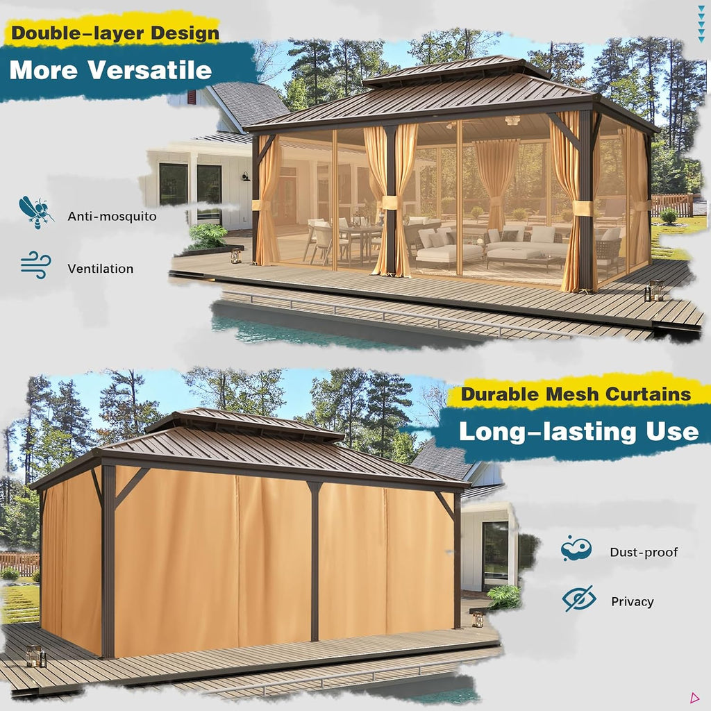 MELLCOM 12'x18' Hardtop Gazebo, Metal Double Roof Aluminum Gazebos with Curtain and Netting,Brown Permanent Galvanized Steel Pavilion for Patio, Lawn & Deck