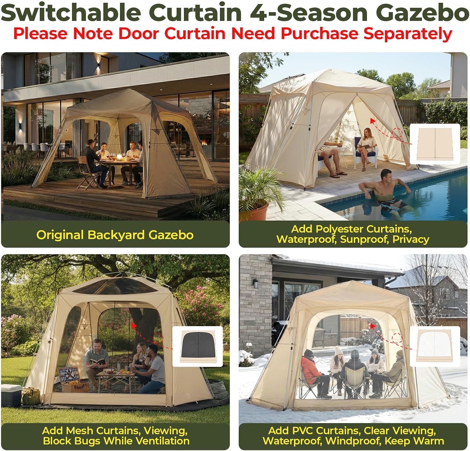 Alvantor® 12' x 12' Pop Up Gazebo, Canopy Tent All Weather & 4-Season Use, 4-Door PVC/Mesh/Polyester Curtain Addable, Top Mesh & Cover Portable Pergolas Pavilion for Patio, Backyard, Deck