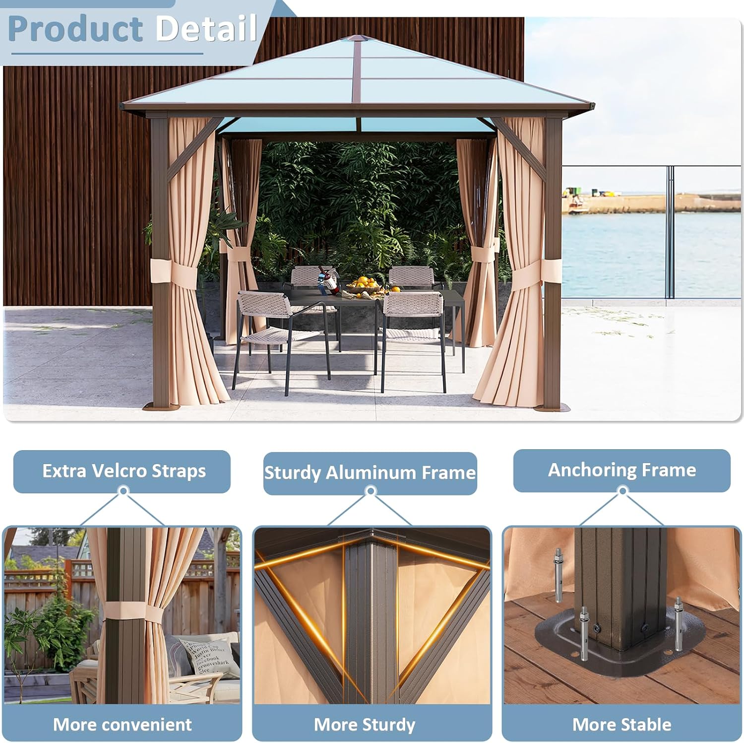 Aoxun 10' x 10' Gazebo Single Polycarbonate Roof, Outdoor Aluminum Frame Everlasting Pergolas with Netting and Curtains, for Backyards, Patios, Parties, Gardens and Lawns