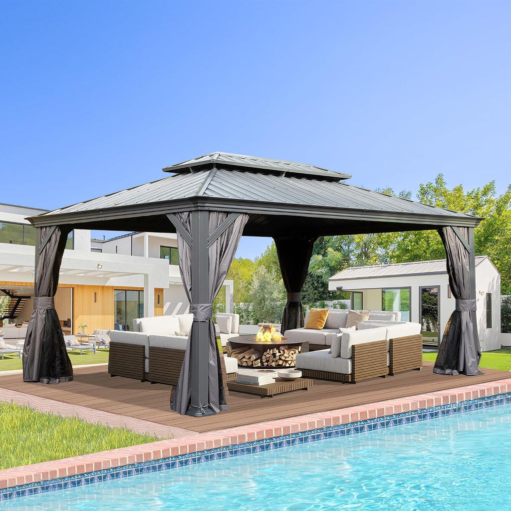 Domi 12' X 16' Hardtop Gazebo, Upgraded Metal Gazebo with Drainage System, Dual-Layer Galvanized Steel Roof, Curtain and Netting, Outdoor Shelter Canopy for Patio, Garden, and Backyard, Grey