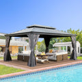 Domi 12' X 16' Hardtop Gazebo, Upgraded Metal Gazebo with Drainage System, Dual-Layer Galvanized Steel Roof, Curtain and Netting, Outdoor Shelter Canopy for Patio, Garden, and Backyard, Grey