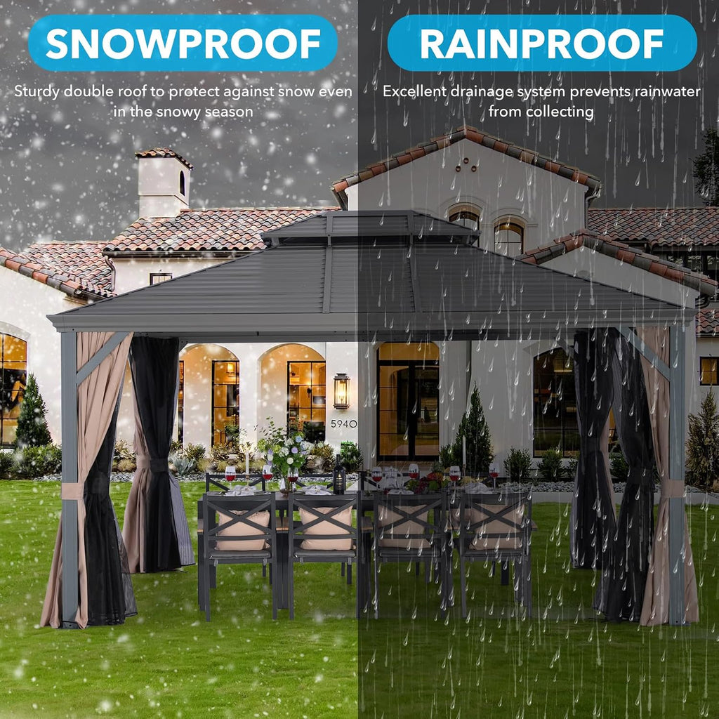 LeDoasis Nova 12' X 14' Permanent Hardtop Gazebo with Galvanized Steel Double Roof, Heavy Duty Metal Canopy with Curtains and Netting, for Patio Lawn and Garden