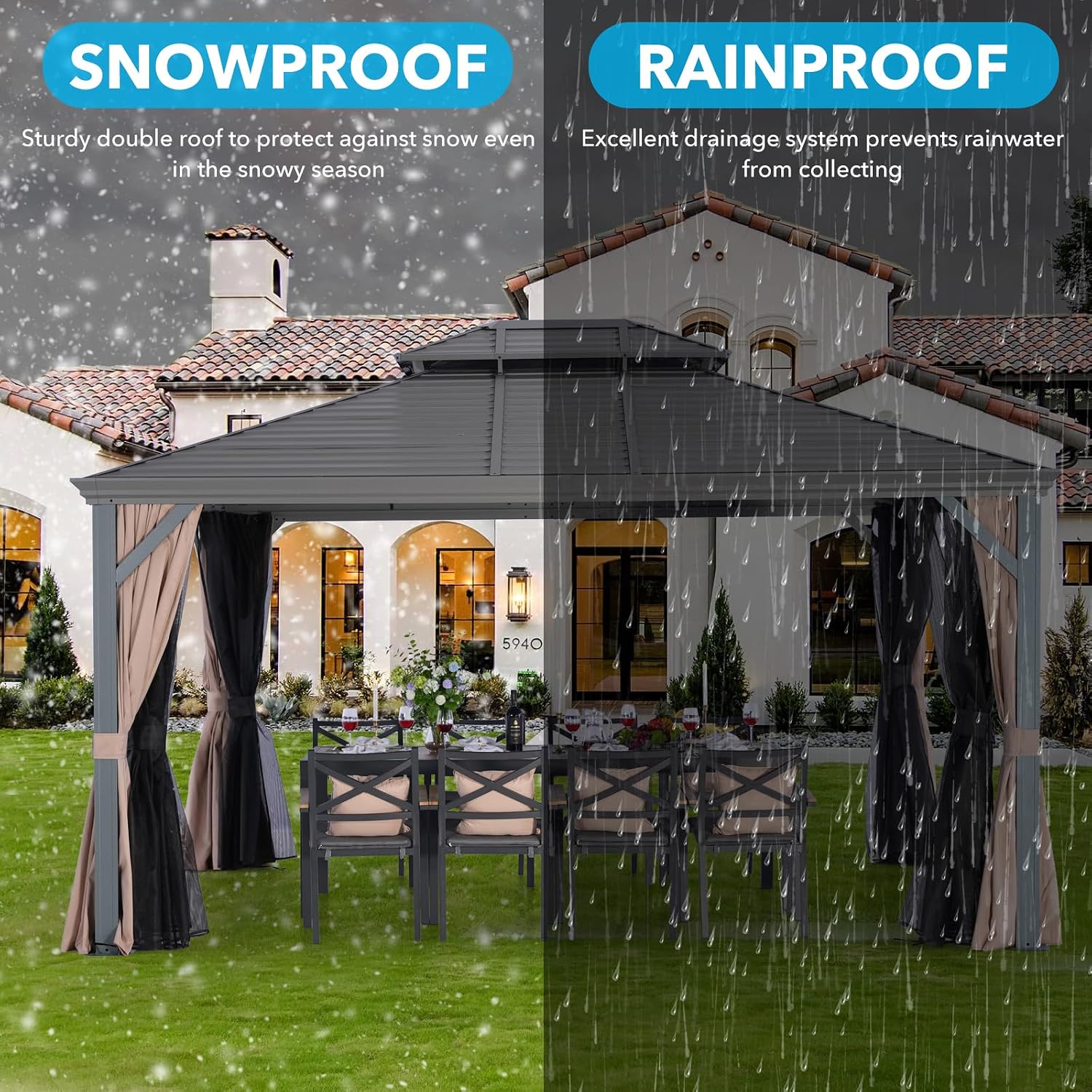 LeDoasis Nova 12' X 14' Permanent Hardtop Gazebo with Galvanized Steel Double Roof, Heavy Duty Metal Canopy with Curtains and Netting, for Patio Lawn and Garden