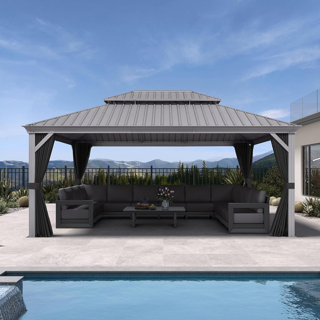 PURPLE LEAF 13' x 17' Hardtop Aluminum Gazebo with Double Metal Roof Heavy Duty Permanent Gazebo for Patio Deck Lawn Garden All Weather Outdoor Pavilion Gazebos, Light Grey