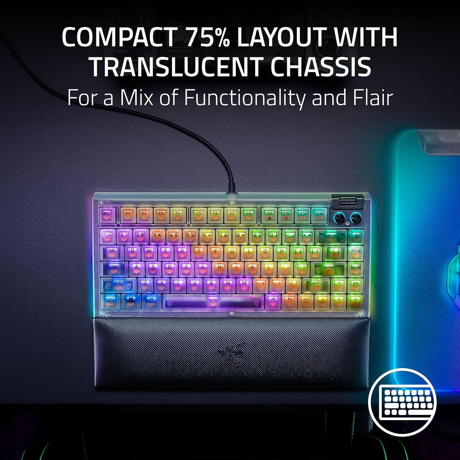 Razer BlackWidow V4 75% Mechanical Gaming Keyboard: Hot-Swappable Design - Compact & Durable - Orange Tactile Switches - Chroma RGB - MF Roller & Media Keys - Comfortable Wrist Rest - Phantom White
