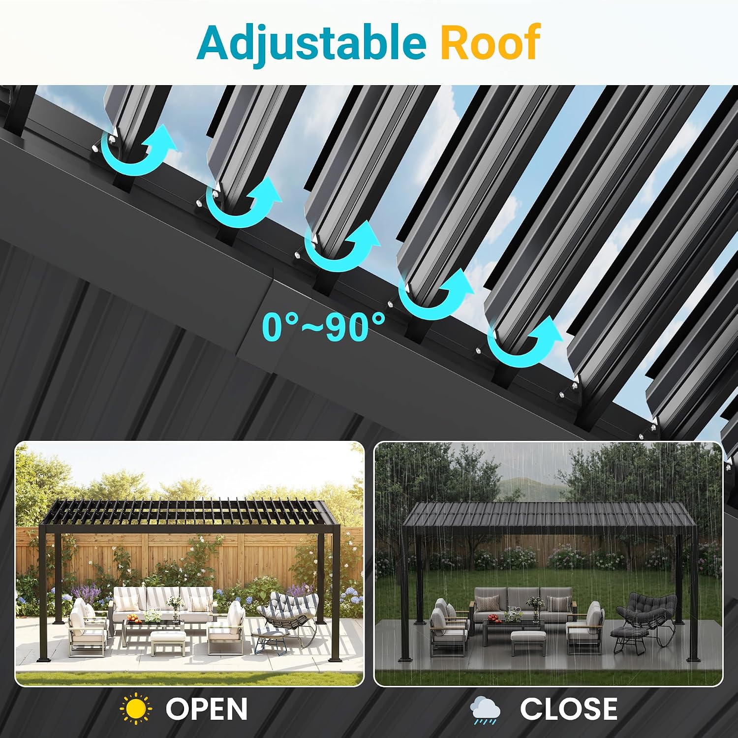 Louvered Pergola, 12' x 16' Outdoor Pergola, Metal Patio Gazebo with Adjustable Louvers Roof and Gutter System, Metal Hardtop Gazebo for Patio, Backyard, Deck, Garden, Dark Gray