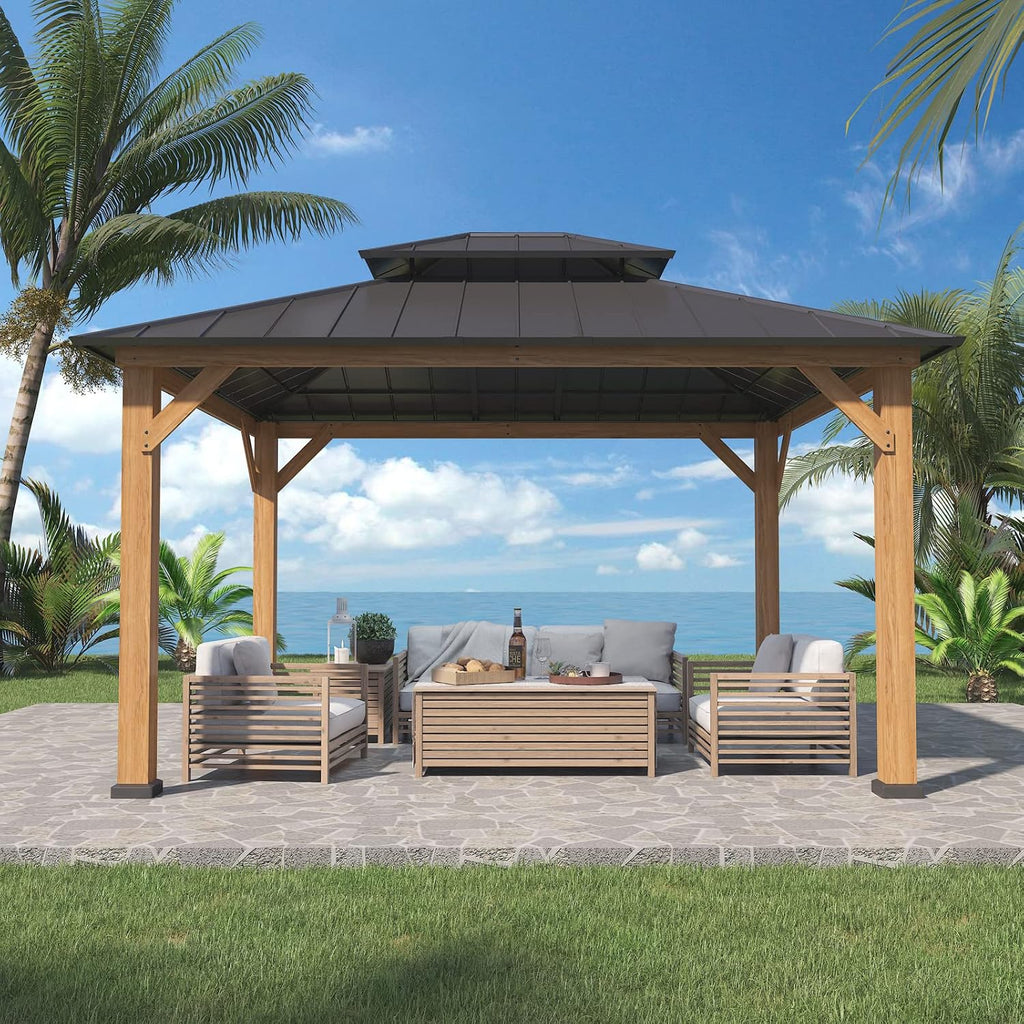 EAGLE PEAK 11x13 Hardtop Gazebo, Glavanized Steel Double Roof with Cedar Wood Frame, Outdoor Pavilion for Patio, Deck, Lawn and Garden, Natural Wood/Black