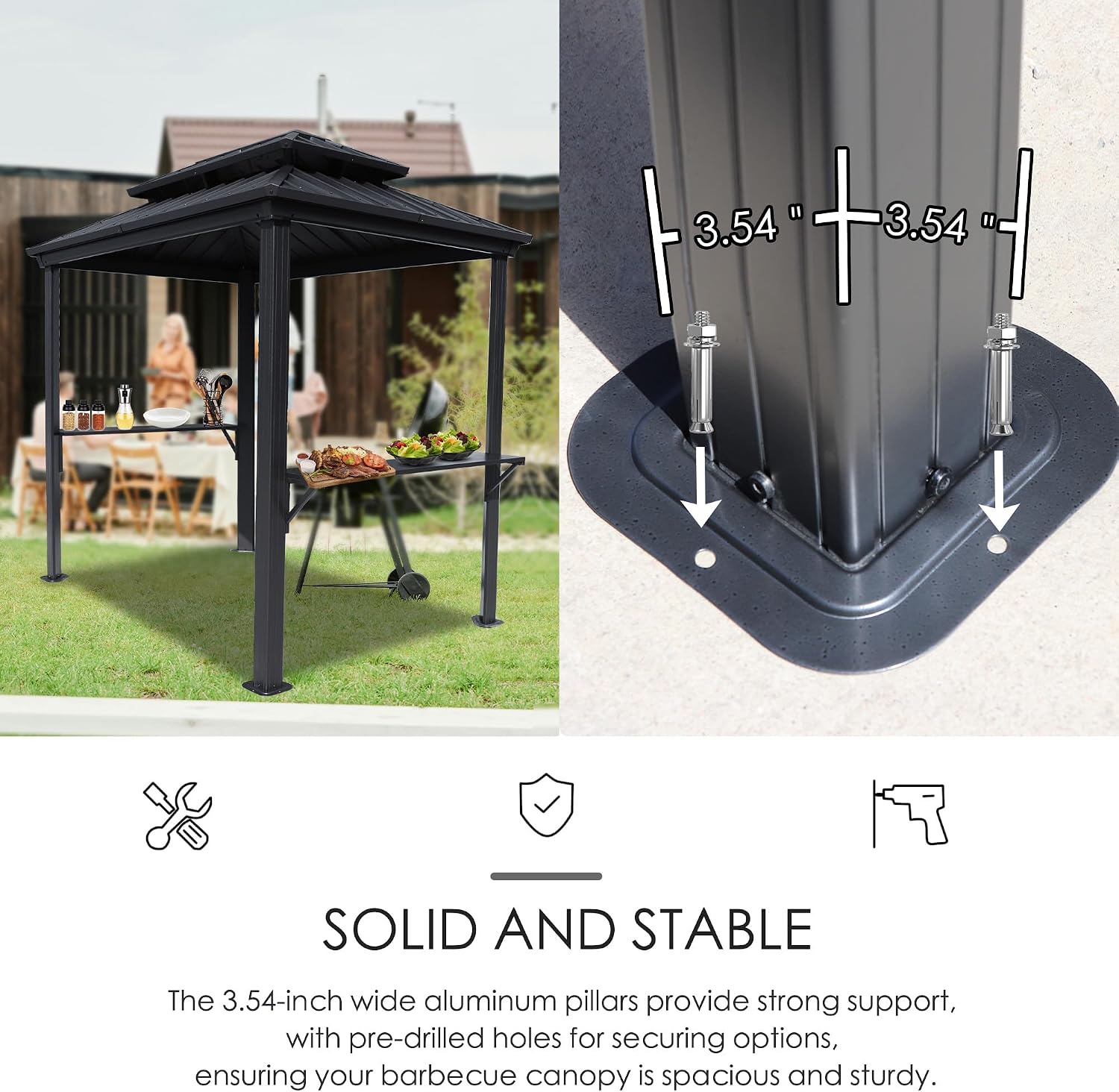 Kozyard 6' x 8' BBQ Hardtop Grill Gazebo, Outdoor Barbecue Shelter with Double Galvanized Metal Roof, Aluminum BBQ Gazebo with 2 Side Shelves for Outdoor Grilling Station (Gray, 6ft x 8ft)