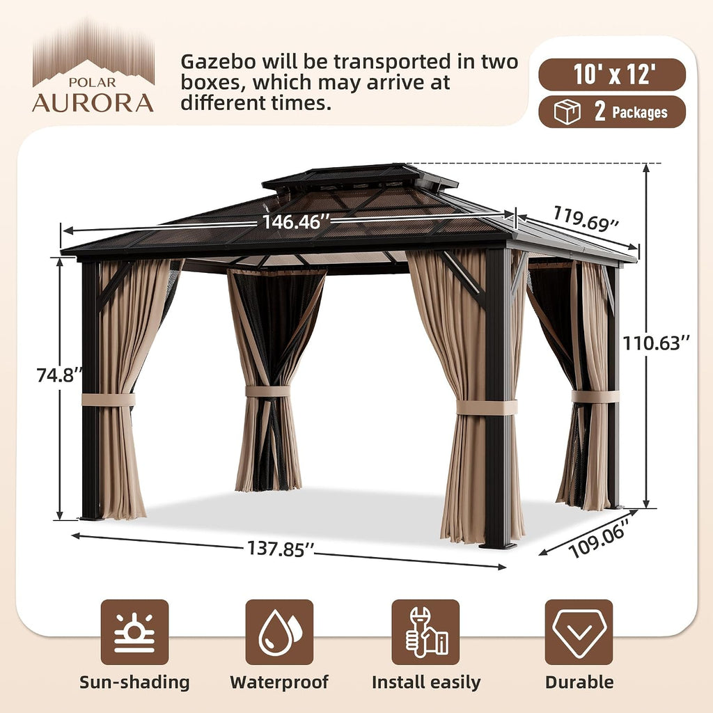 Polar Aurora 10'x12' Gazebo, Outdoor Hardtop Grill Gazebo with Aluminum Frame & Double Polycarbonate Roof 12x10 FT Pergola Include Curtain and Netting for Backyard, Patio, Lawn