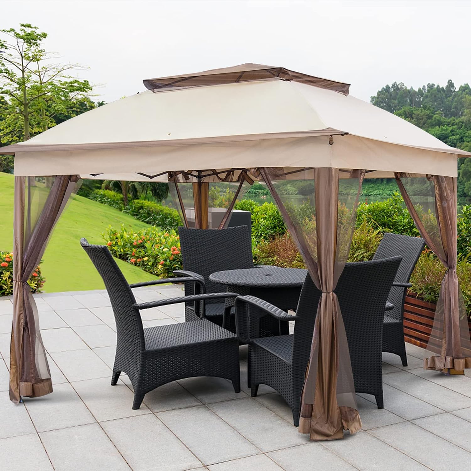 Joyside 11'x11' Pop Up Gazebo for Patio With Sidewalls and Mosquito Netting - Outdoor Canopy Shelter Tent for Weddings (Beige)