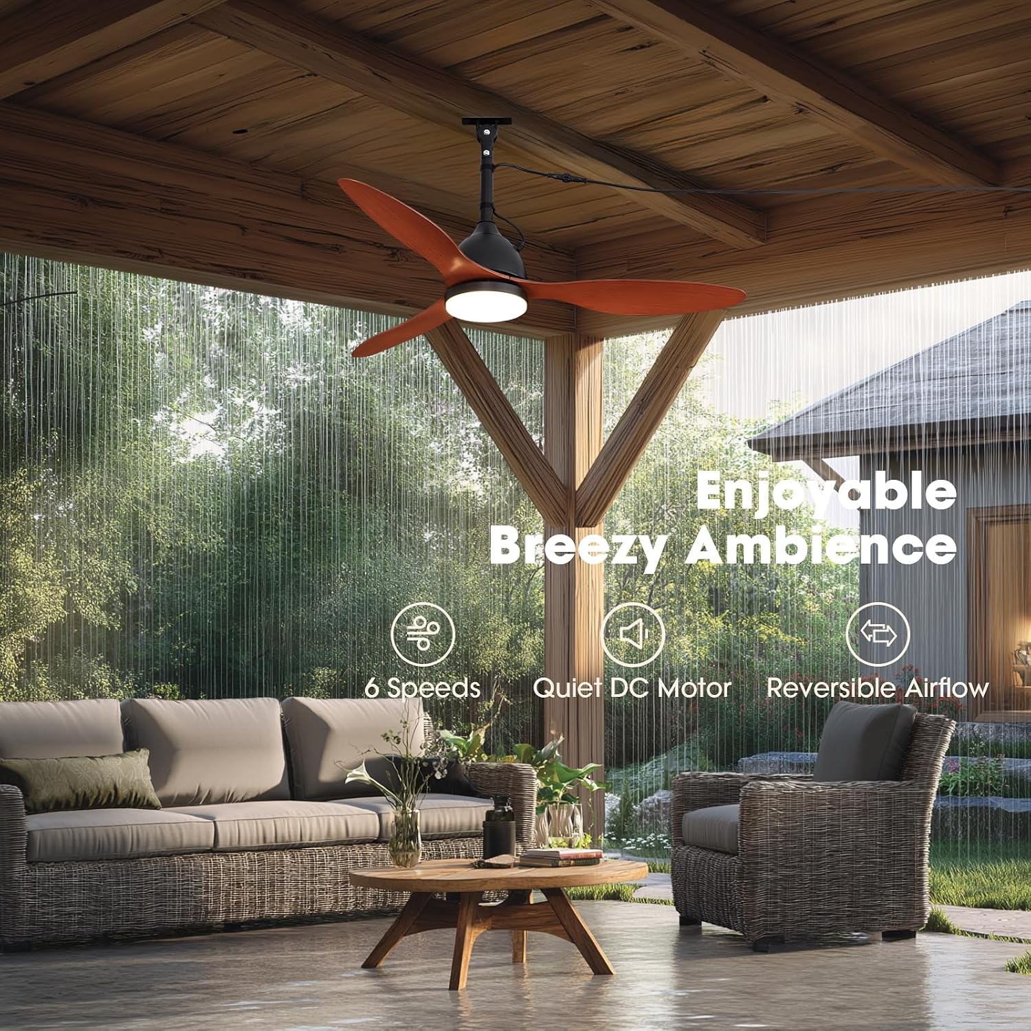 42' Outdoor Ceiling Fan, IP65 Waterproof Gazebo Fan with Light, Remote Control，6 Speeds，3CCT, Plug in Ceiling Fan with Adjustable Hanging Rod for Patio, Porch, Canopy