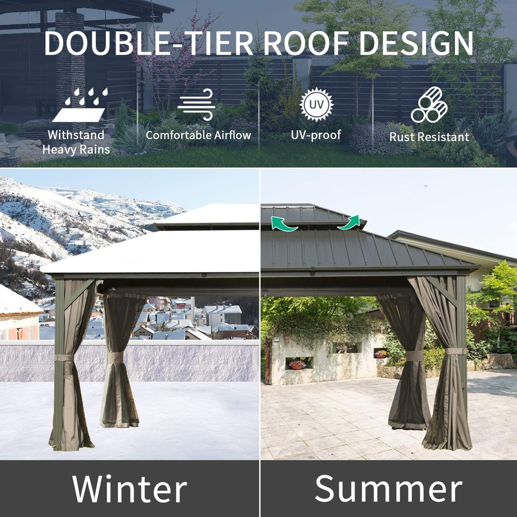 Domi 12' x 14' Hardtop Gazebo Outdoor Metal Gazebo with Galvanized Steel Double Roof Canopy, Curtains and Netting for Patio, Backyard, Deck, Lawn, Grey