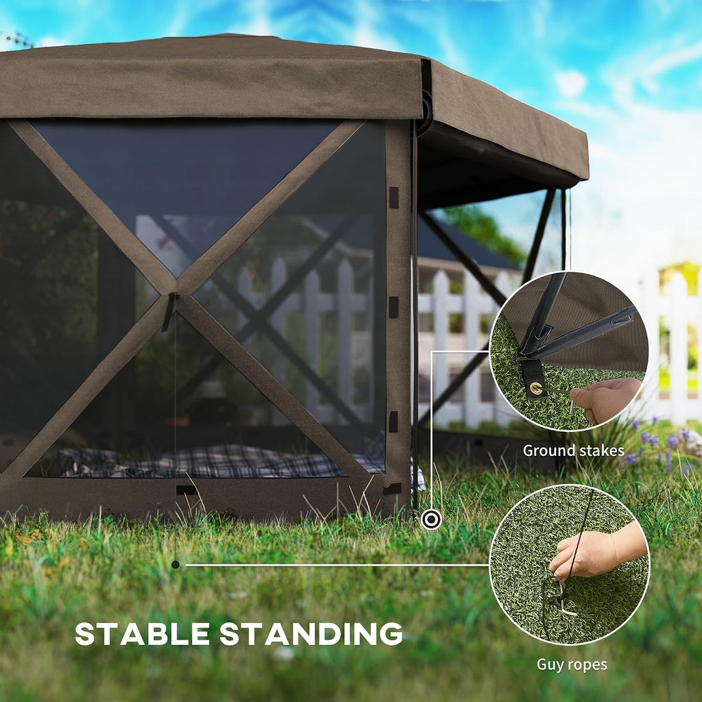 Outsunny 12' x 12' Hexagonal Pop Up Gazebo Tent with 5 Sidewalls, Waterproof Portable Outdoor Canopy Shelter with Curtains, Carry Bag, 5 Ropes, 11 Stakes for Camping, Garden, Patio, Brown