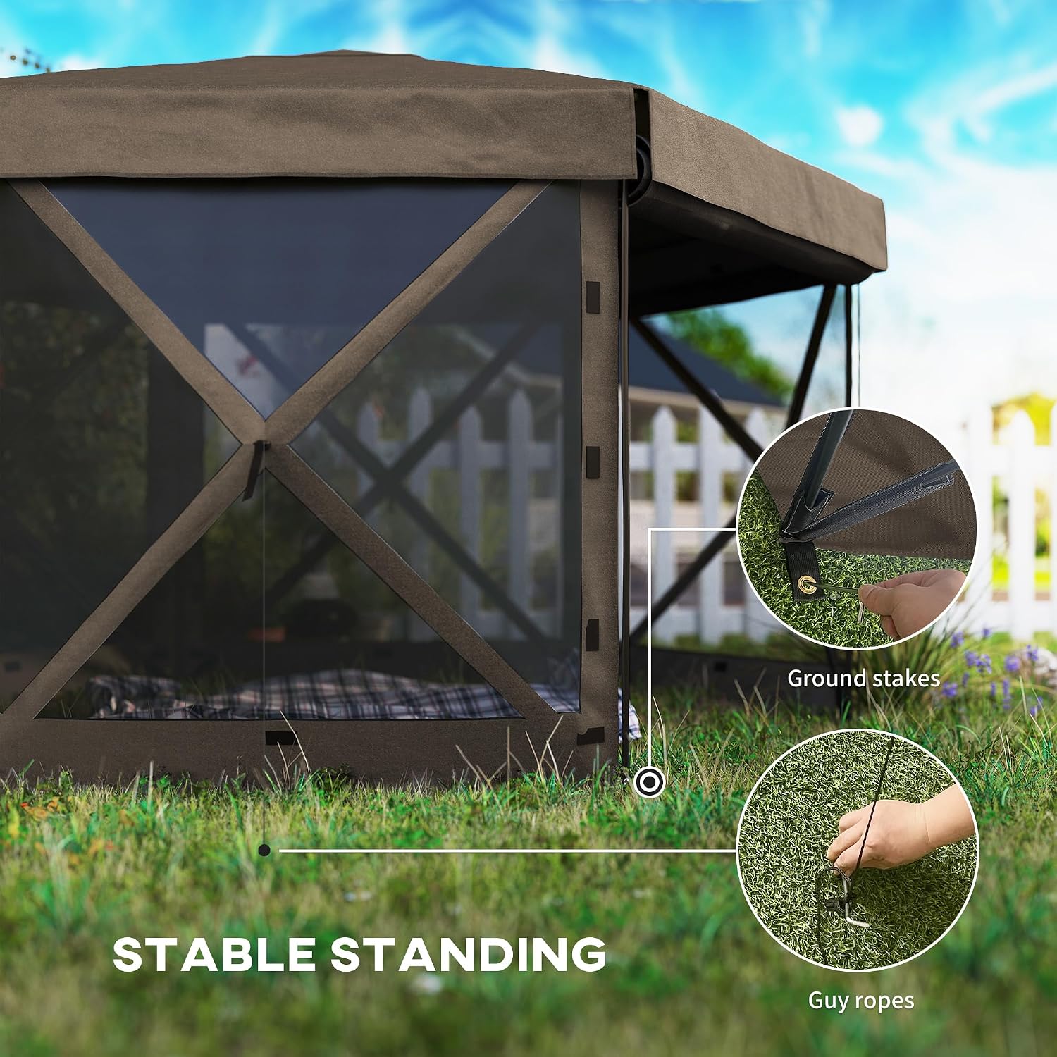 Outsunny 12' x 12' Hexagonal Pop Up Gazebo Tent with 5 Sidewalls, Waterproof Portable Outdoor Canopy Shelter with Curtains, Carry Bag, 5 Ropes, 11 Stakes for Camping, Garden, Patio, Brown