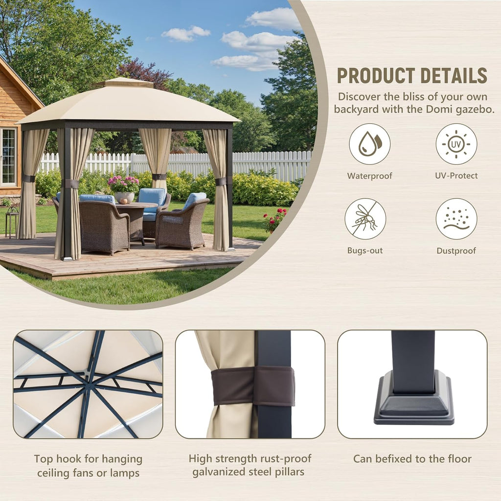 Patio Gazebo 10x10, Outdoor Gazebos, Heavy Duty Gazebo Soft Top Gazebos, Double Roofs Anti-UV Shelter Gaze bo for Patio Deck Backyard Garden Lawns