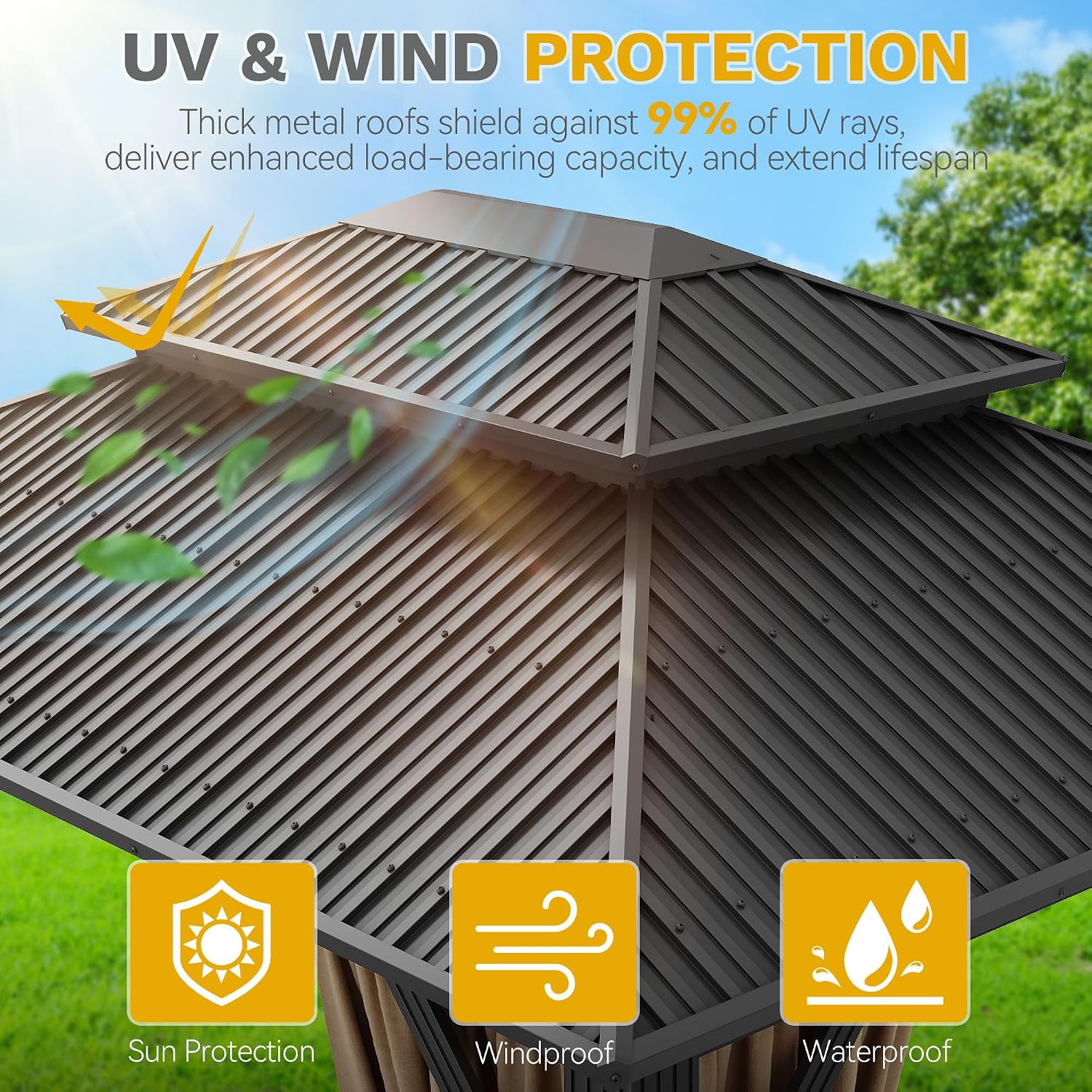 DWVO 12x14ft Hardtop Gazebo Double Roof with Nettings and Curtains, Heavy Duty Galvanized Steel Outdoor Vertical Stripes Roof for Patio, Backyard, Deck, Lawns, Brown