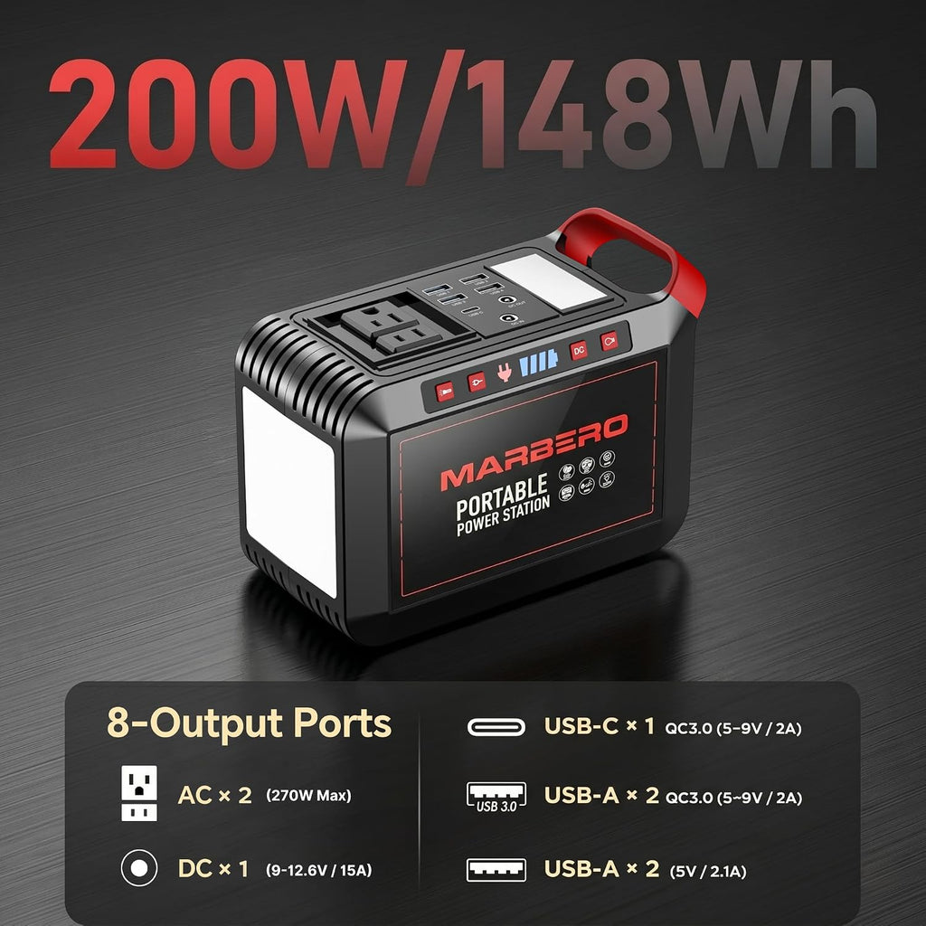 MARBERO 200W Portable Power Station 148Wh Camping Solar Generator Laptop Power Bank with AC Outlet 110V, DC, USB QC3.0, LED Flashlights for CPAP Home Outdoor Trip Emergency Backup