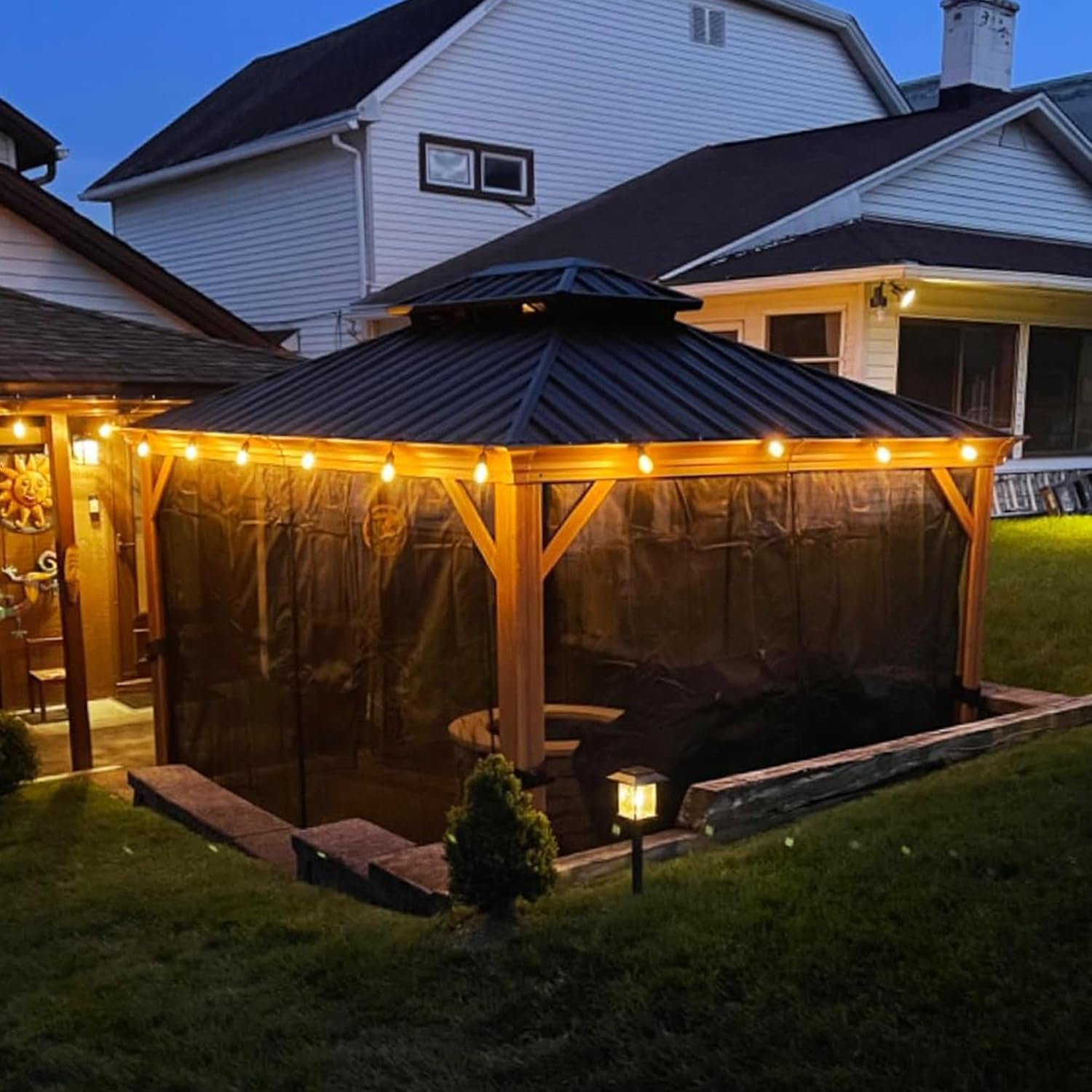 PURPLE LEAF 10' X 12' Outdoor Hardtop Gazebo for Patio Galvanized Steel Double Roof Permanent Canopy Teak Finish Coated Aluminum Frame Pavilion Gazebo with Netting and Lights