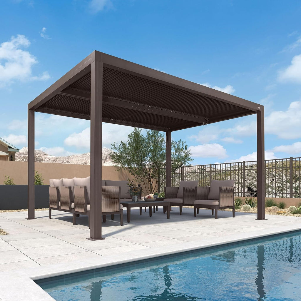 PURPLE LEAF Louvered Pergola 10' × 12' Outdoor Hardtop Gazebo Sun Shade with Adjustable Canopy Patio Aluminum Retractable Roof for Outside Deck Backyard Pavilion Bronze