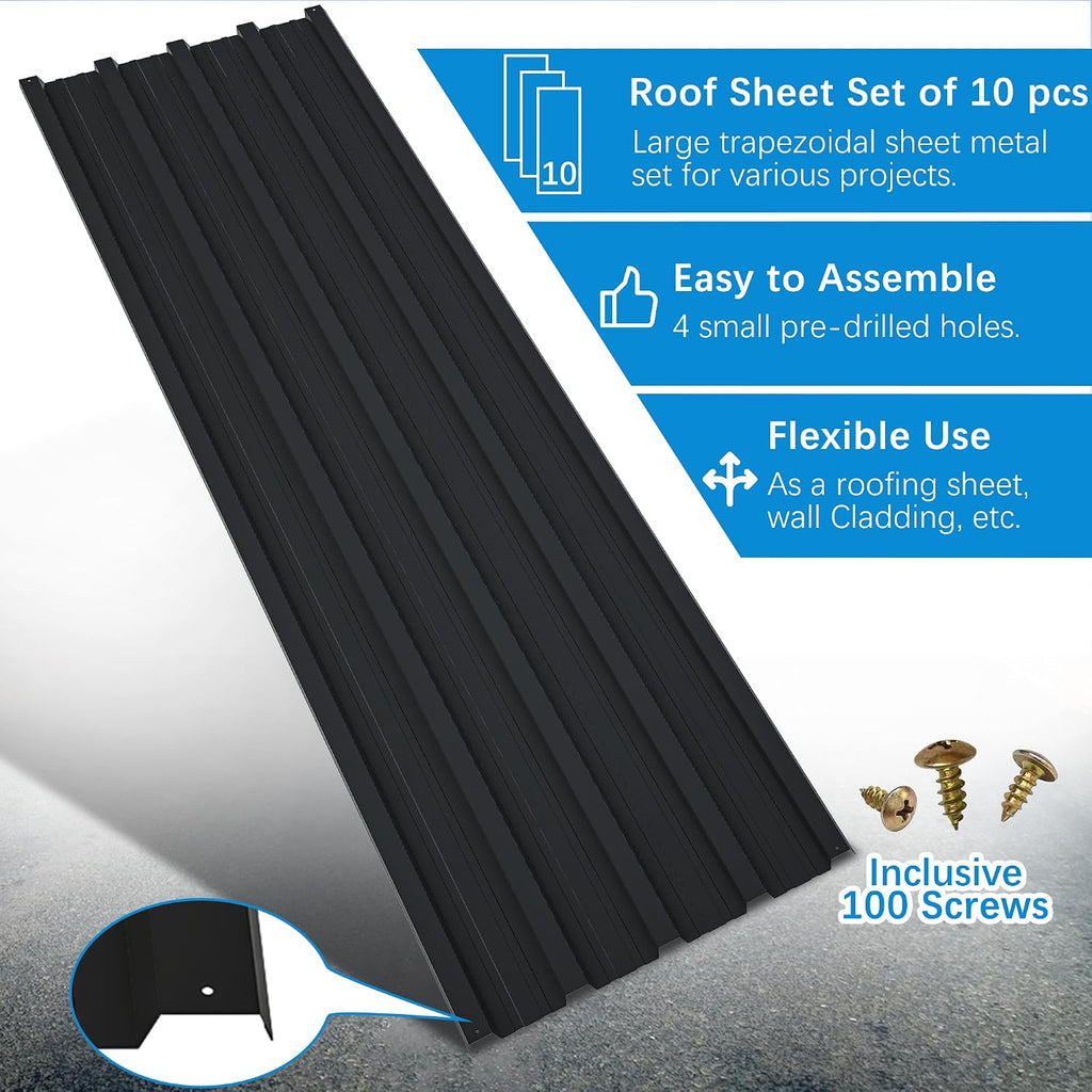Roof Panels 10 pcs L60.63×W16.77 inch Galvanized Steel, Metal Corrugated Tin Roofing Panels Gazebo Top Cover Heavy Duty Roof Replacement for Patio Outdoor Garden, Black