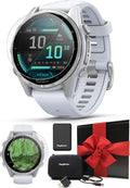 Garmin Fenix 8 AMOLED (43mm, Silver/Whitestone) Multisport GPS Smartwatch Gift Box Bundle - 1.3' Touchscreen, Built-in LED Flashlight Charger, Screens, Adapter, Case