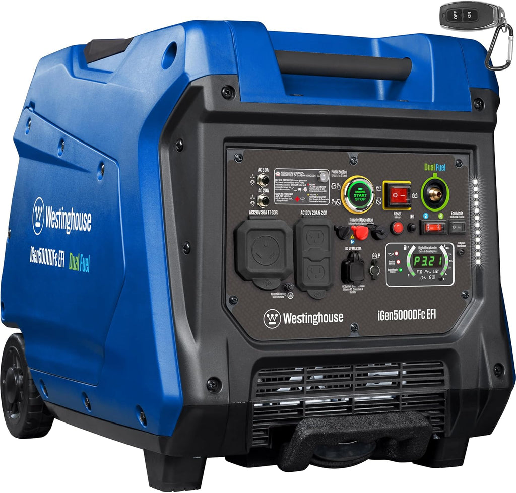 Westinghouse 5000 Peak Watt Super Quiet Dual Fuel Portable Inverter EFI Generator, Remote Electric Start, Gas & Propane Powered, RV Ready, CO Sensor, Parallel Capable, CARB Compliant