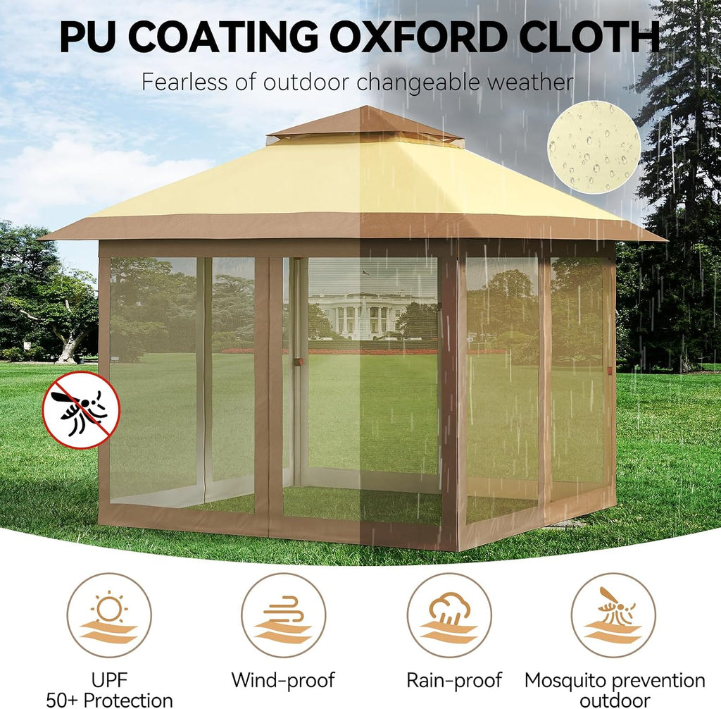 GarveeLife 12 ft x12 ft Gazebo Outdoor Pop up Canopy Tent with Curtains and 144 Square Shelter for Patio,Backyard Party, with Mosquito Netting, 2-Tiered Vented Top, Beige