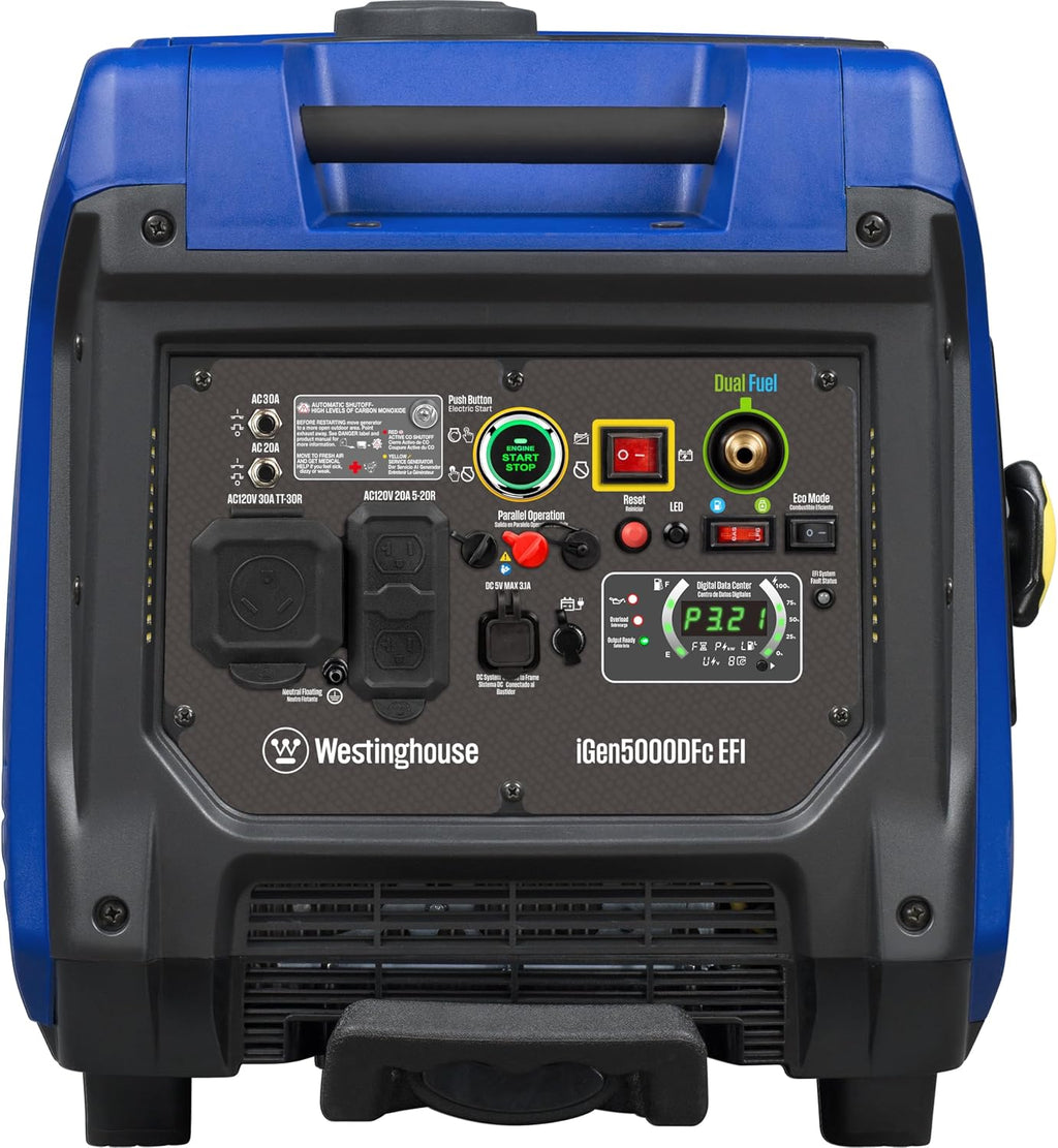 Westinghouse 5000 Peak Watt Super Quiet Dual Fuel Portable Inverter EFI Generator, Remote Electric Start, Gas & Propane Powered, RV Ready, CO Sensor, Parallel Capable, CARB Compliant