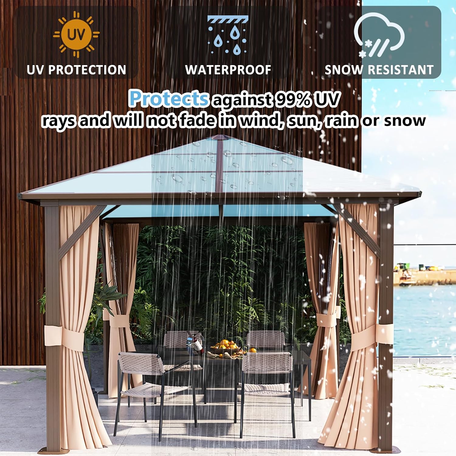 Aoxun 10' x 10' Gazebo Single Polycarbonate Roof, Outdoor Aluminum Frame Everlasting Pergolas with Netting and Curtains, for Backyards, Patios, Parties, Gardens and Lawns