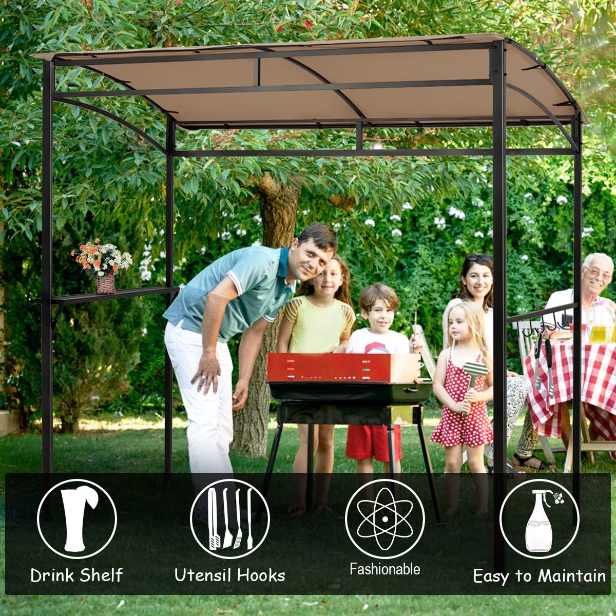 LDAILY Grill Gazebo, 7x4.4ft BBQ Canopy Shelter with Storage Shelf and Hooks, Heavy-Duty Steel Frame, Grill Pergola with Bottle Opener Notch, Small Gazebo for Backyard, Patio, Garden (Brown)