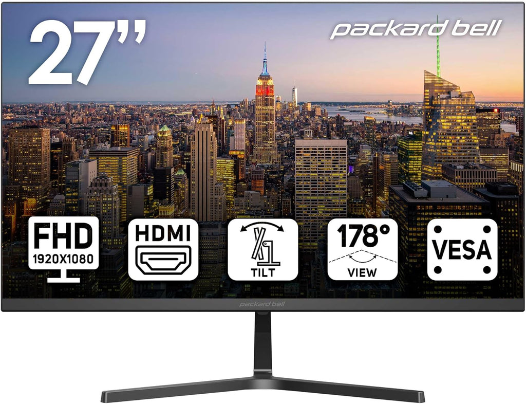 Packard Bell airFrame 27' FHD Monitor, 1920x1080, Ultrawide, VESA Mount Compatible, Tilt Adjustment, HDMI/VGA, Slim Bezel, for Home, Office, and Light Gaming