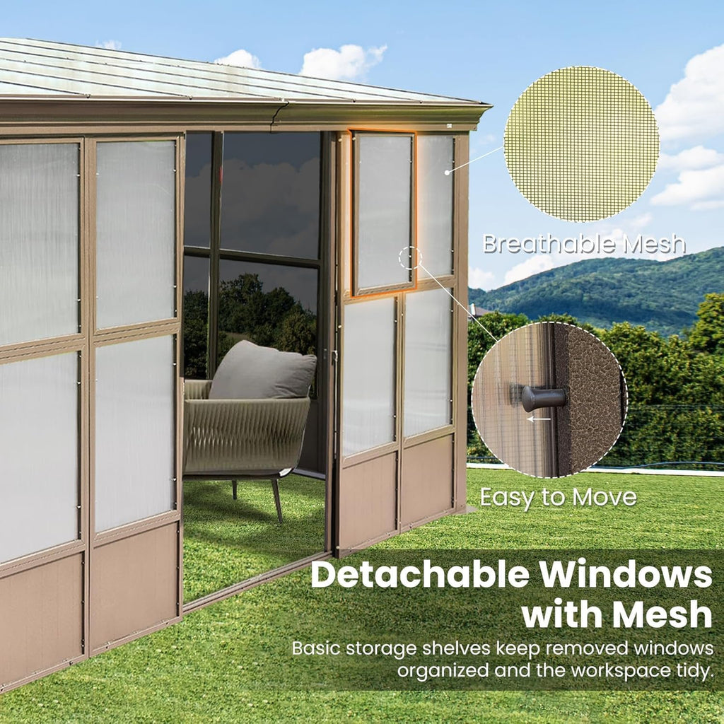 Domi 10x12FT Wall Mounted Sunroom, Wall Solarium with Aluminum PC Sloping Roof, Detachable PC Screen House, Lockable Sliding Front and Side Doors, Outdoor Lean-to Gazebo, Sun Room for Deck Patio