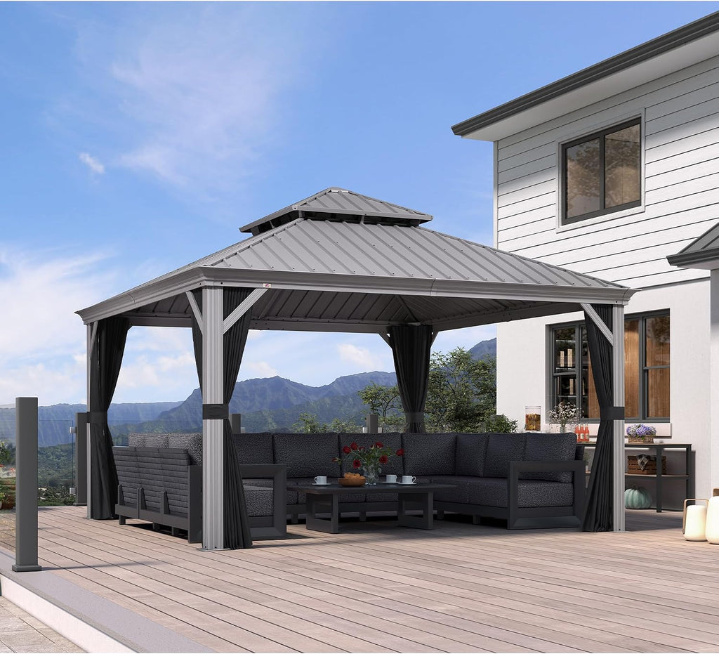 PURPLE LEAF 13' x 13' Hardtop Aluminum Gazebo with Double Metal Roof Heavy Duty Permanent Gazebo for Patio Deck Lawn Garden All Weather Outdoor Pavilion Gazebos, Light Grey