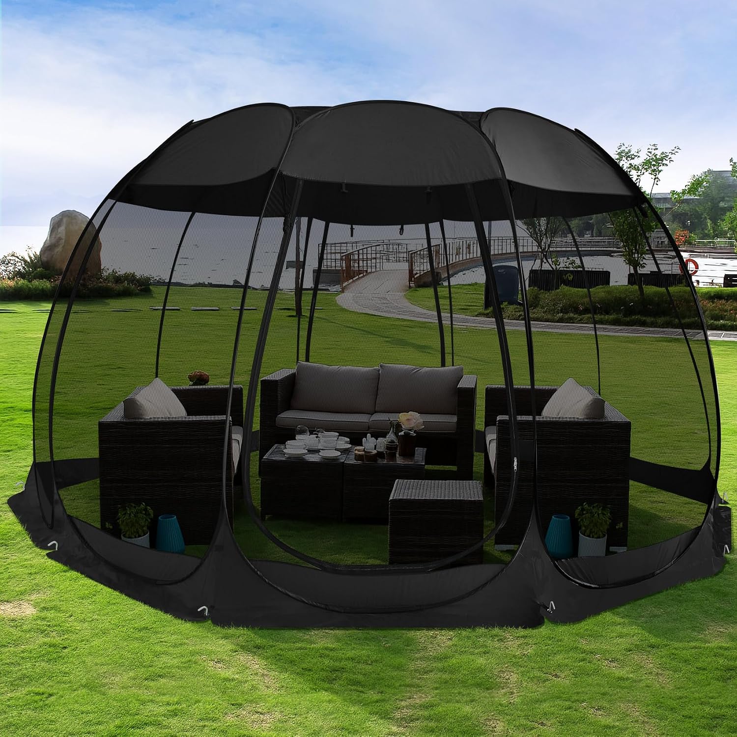 Alvantor® Pop Up Screen House, Outdoor Mosquito Mesh Tent with UV Resistant, Pop Up Canopy Easy Up, Foldable Screen Room for Camping,Backyard, Garden, Patio(Black, 15x15 FT)