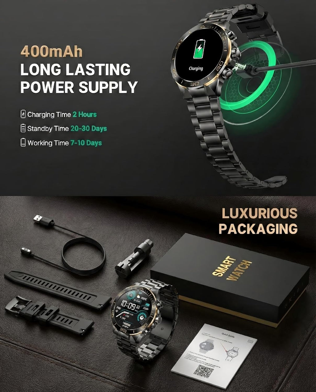 SOUYIE Men's Smart Watch with Bluetooth Call, 1.43' AMOLED Round Dial, Luxury Stainless Steel & Silicone Bands, Business Sport Fitness Tracker, Heart Rate/Blood Pressure/Sleep Monitor for iOS Android