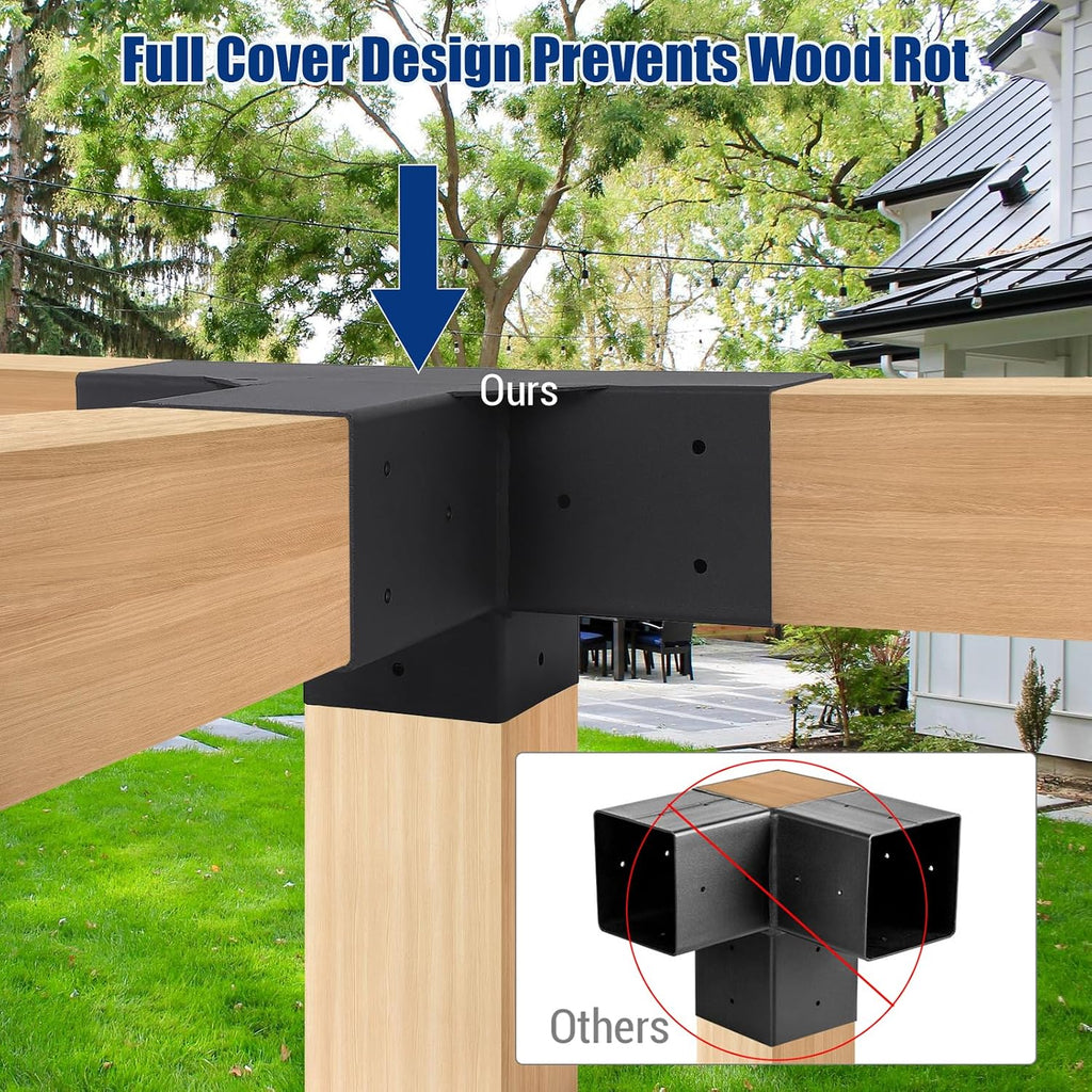 Pergola Brackets 4' x 4', 4 Pack 3-Way Angle Corner Brackets with 6 Pack Post Pergola Brackets, 2 Pack 4-Way Pergola Brackets, Powder Coated Pergola Hardware for Lumber Pergola Gazebo Sunroom