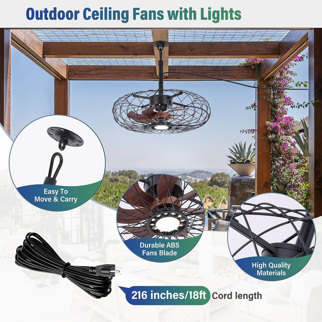 PAZALA 20' Gazebo Ceiling Fans with Lights and Remote Control, Waterproof Enclosed Caged Ceiling Fan with 3 Color LED Light, Portable Hanging Outdoor Fan with Plug in Cord Hook for Patios Black